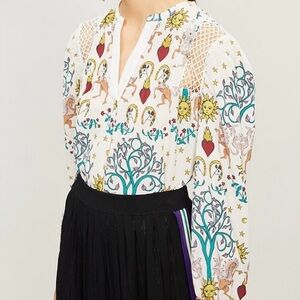 Sandro Lace Panel Azucar Print Chiffon Blouse Zodiac Celestial Boho Small